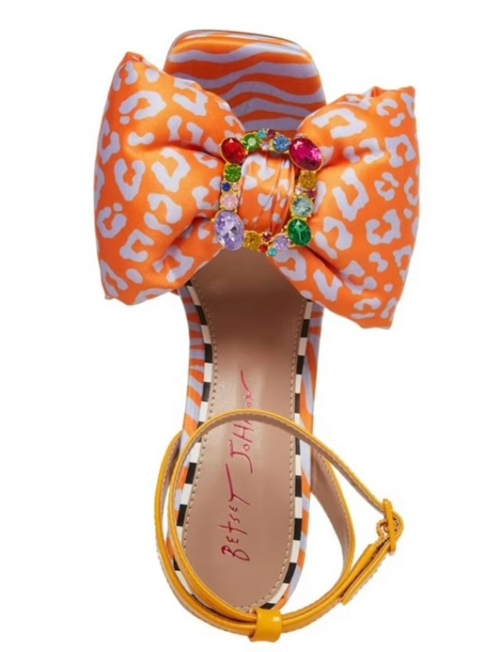 Betsey Johnson Polly Orange and Lilac Leopard Bow Jeweled Ankle-Heels - Picture 3 of 4